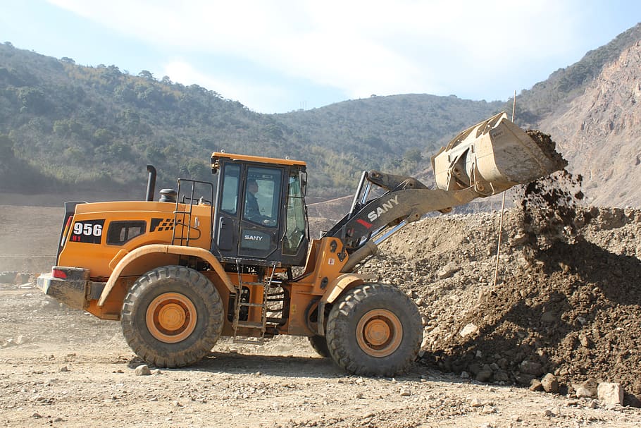 excavator, loader, king of the mine, loading, sany, mountain, land vehicle, transportation, day, machinery