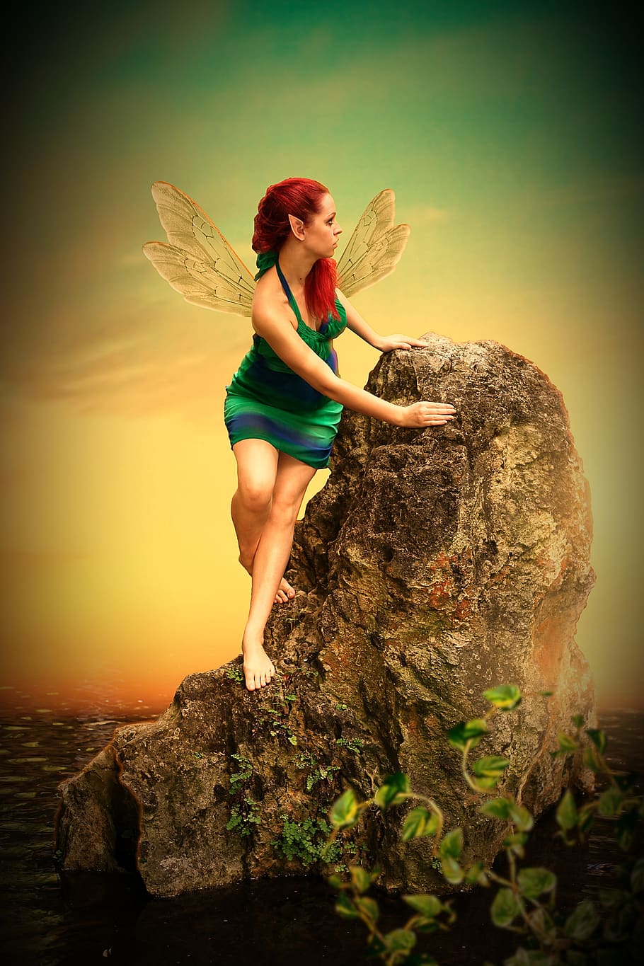 fee, elf, woman, wing, fantasy, fairytale, mythical creatures, rock, mountain, light