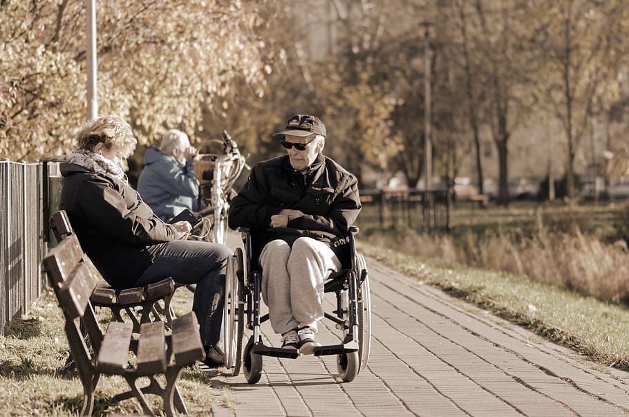 people, age, woman, seated, bank, man, old, the crippled, disability, placed