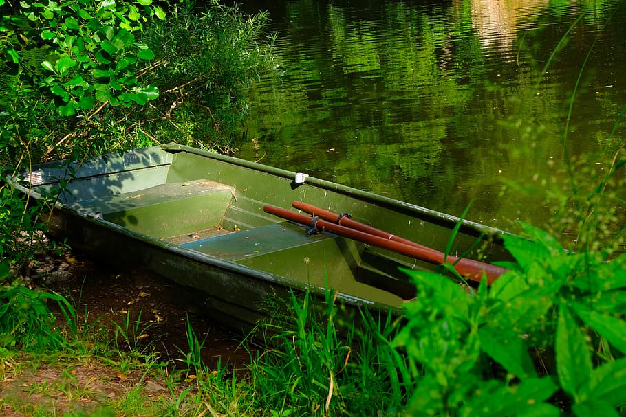 rowing boat, boat, old, water, rest, rowing, nature, landscape, bank, angler