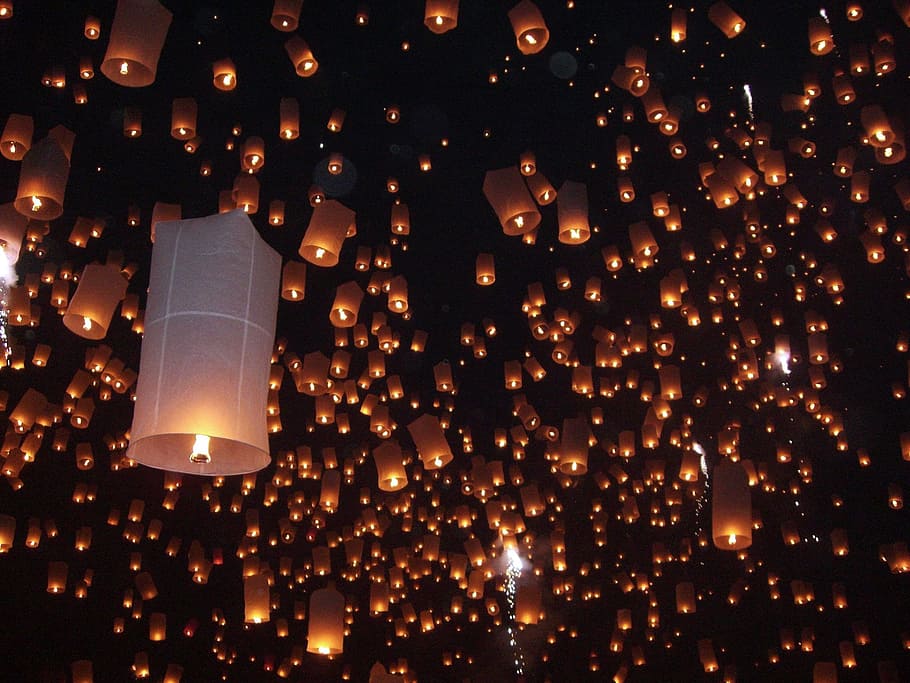 lighted, sky lanterns, the fullerton, hot air balloon, thailand, chiang mai, rapunzel, illuminated, night, lighting equipment