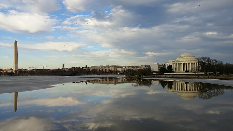 monumento, lago, branco, nuvens, durante o dia, Washington DC, distrito da Colômbia, bacia das marés, reflexão, rio