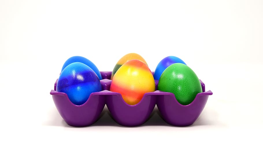 six, assorted-color easter eggs, purple, tray, easter, egg, colorful, colorful eggs, easter eggs, close