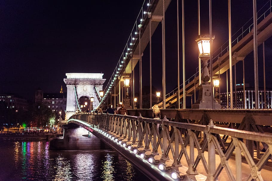 夜, セーチェーニ鎖橋, ブダペスト, 建築, 橋, 鎖橋, 都市, 街の明かり, ハンガリー, ライト