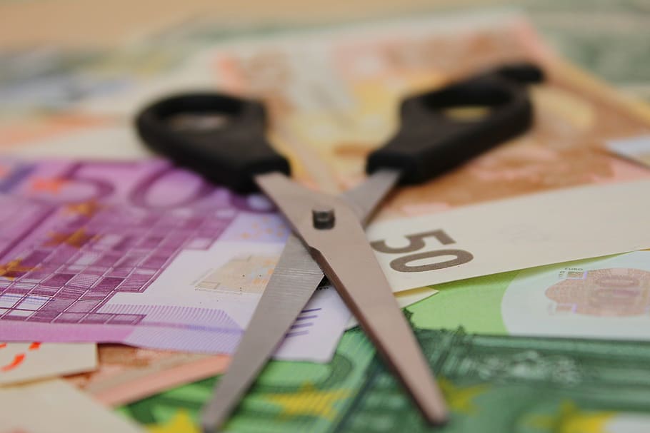 scissors on banknotes, scissors, money, salary, profit, bills, earn, euro, tax, corruption