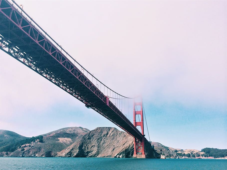 golden state bridge, red, bridge, near, mountain, ocean, cloudy, sky, daytim, Golden Gate Bridge