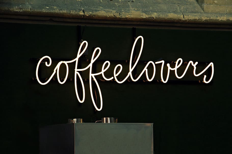 letrero de neón, café, amantes del café, kafeeliebhaber, escena, neón, letras, diseño, caligrafía, escudo