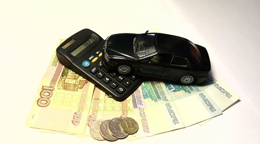 black, die-cast, metal, sedan, scale, model, top, calculator, banknotes, ruble