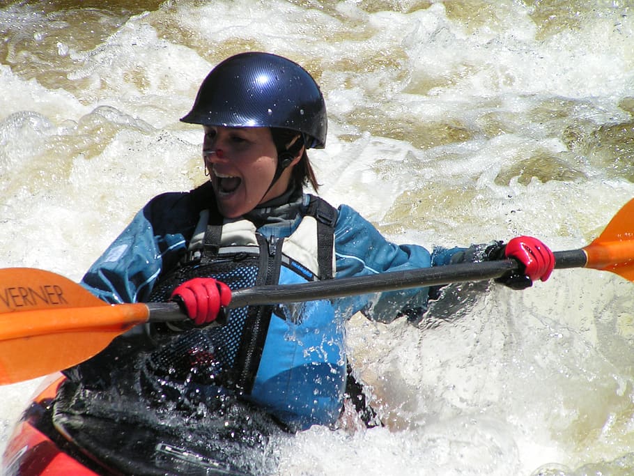 water, kayaking, kayaker, sport, boat, paddle, waves, helmet, rapids, outdoors