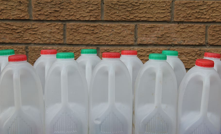 plástico, contenedor, botella, leche, líquido, fondo, encabezado, pancarta, pared de ladrillo, paquete