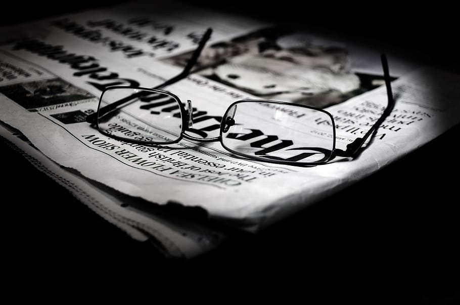 closeup, eyeglasses, newspaper, article, background, broadsheet, business, close-up, communication, copy