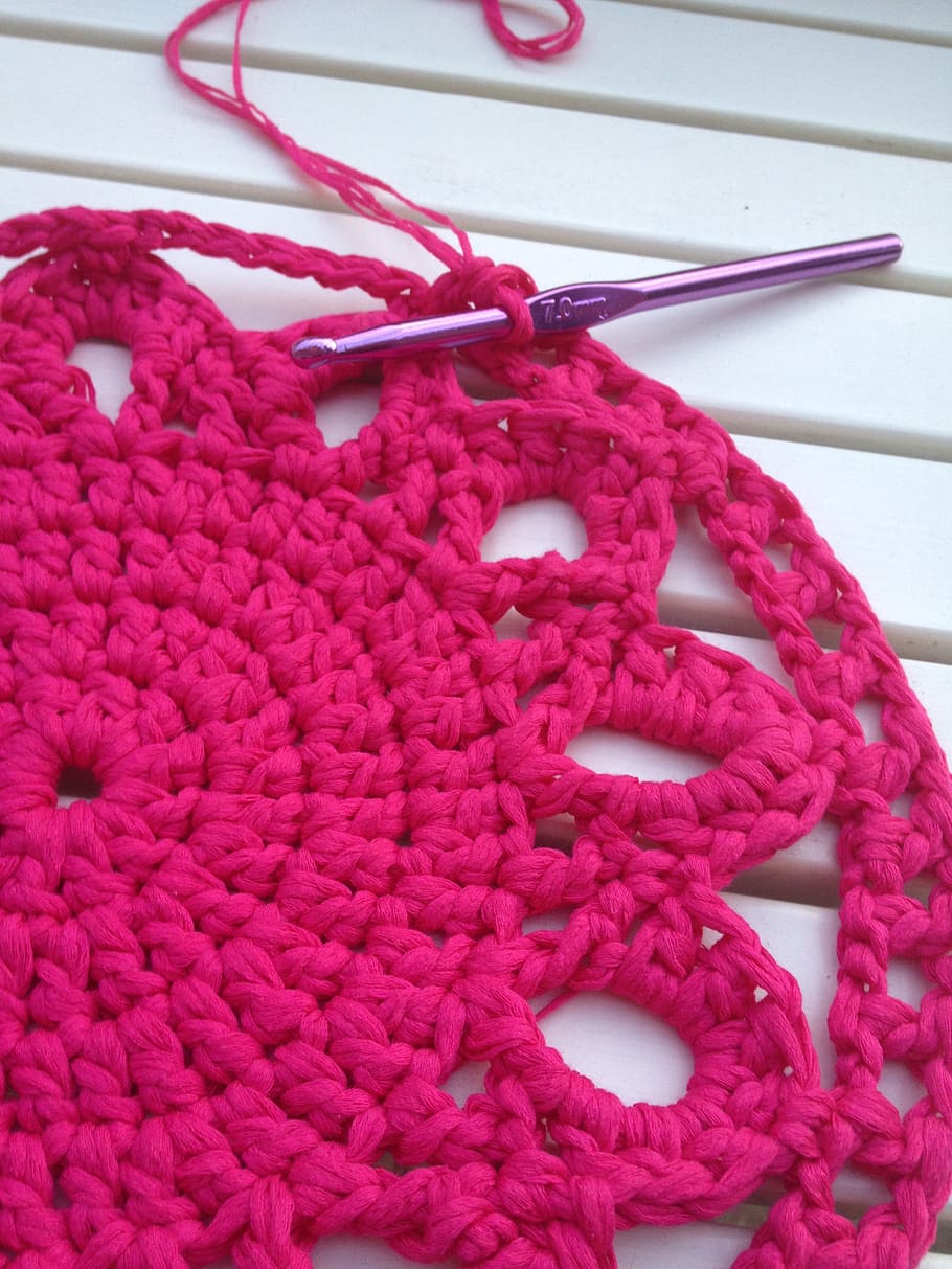 crochet, carpet, homemade, art and craft, pink color, textile, indoors, close-up, pattern, wool