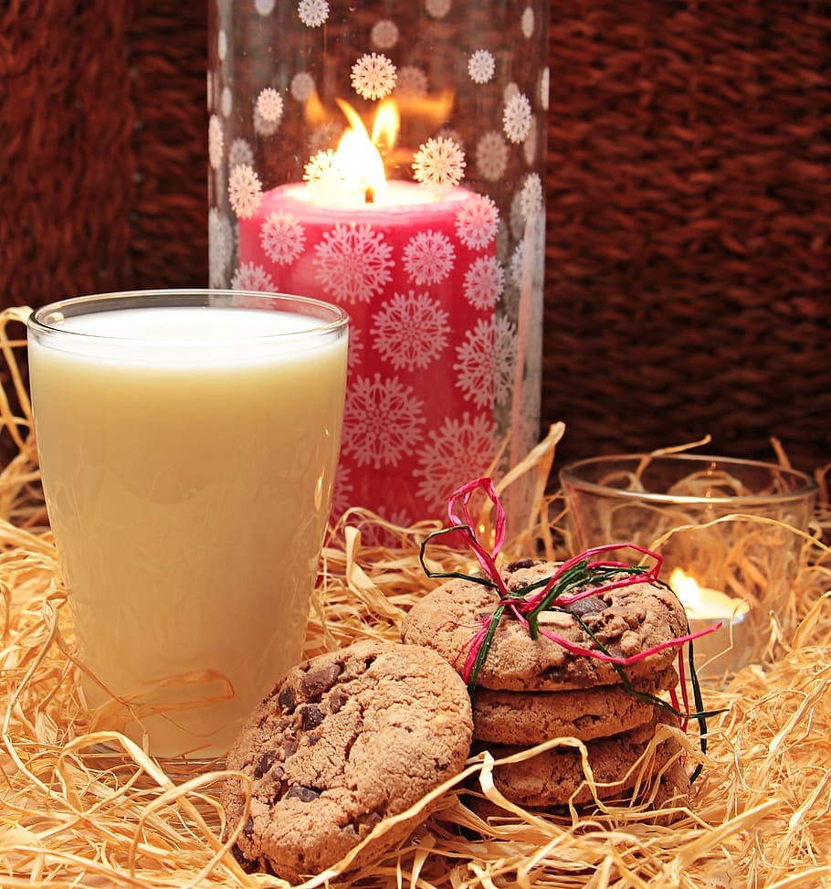 chocolate chip cookies, glass, milk, red, pillar candle, glass of milk, cookies, glass of milk with cookies, candles, drink