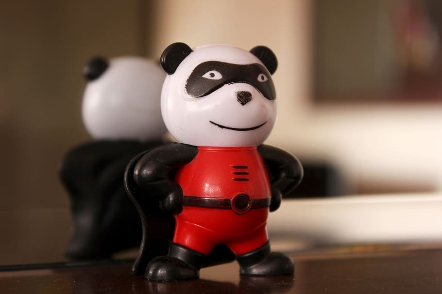 red, black, panda figure, next, mirror, toy, super panda, panda, superhero, cute