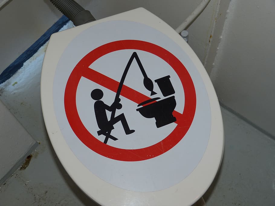 toilet, wc, bathroom, loo, sanitary, pictogram, fish, angler, sign, warning sign