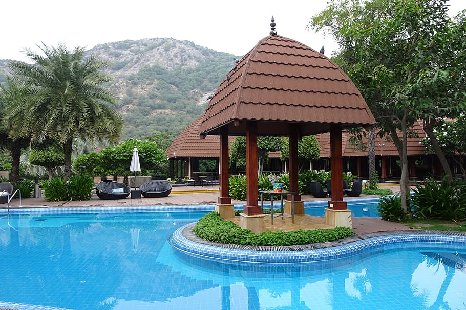 piscina, recurso, arquitetura, férias, beira da piscina, tropical, montanha, aravallis, rajasthan, índia