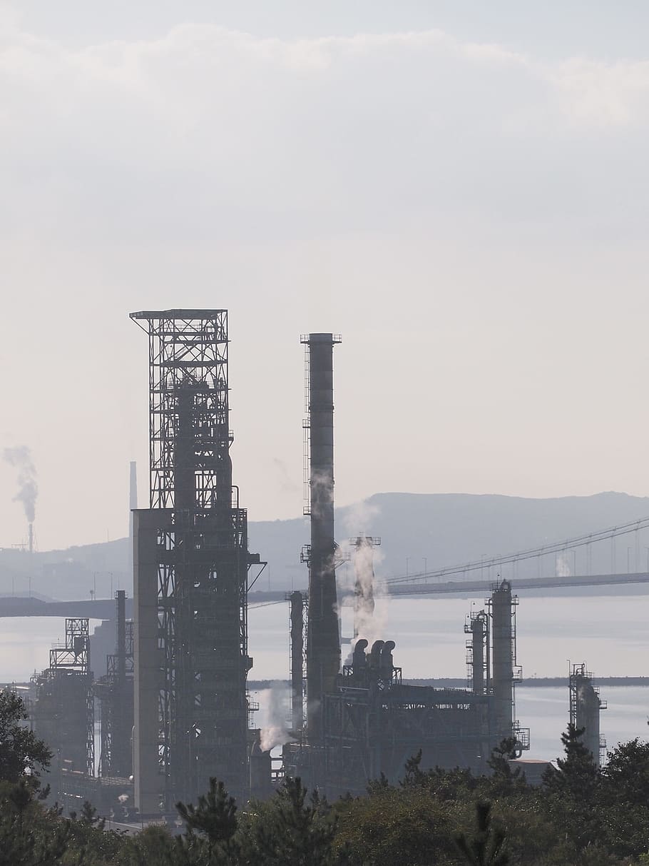 Factory, Chimney, Muroran, Machinery, industrial zone, industry, refinery, pollution, fuel and Power Generation, petrochemical Plant