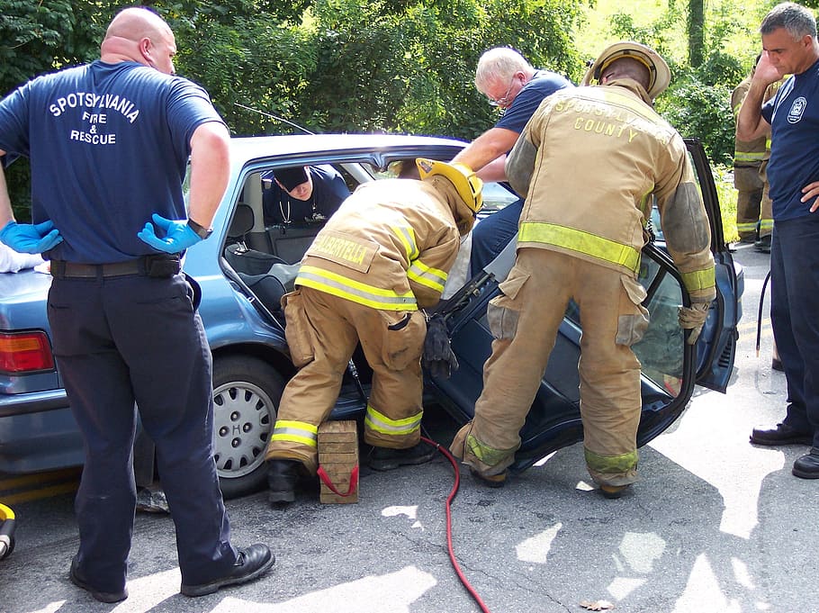 people, dismantling, blue, honda sedan, daytime, extrication, accident, rescue, firefighter, medical