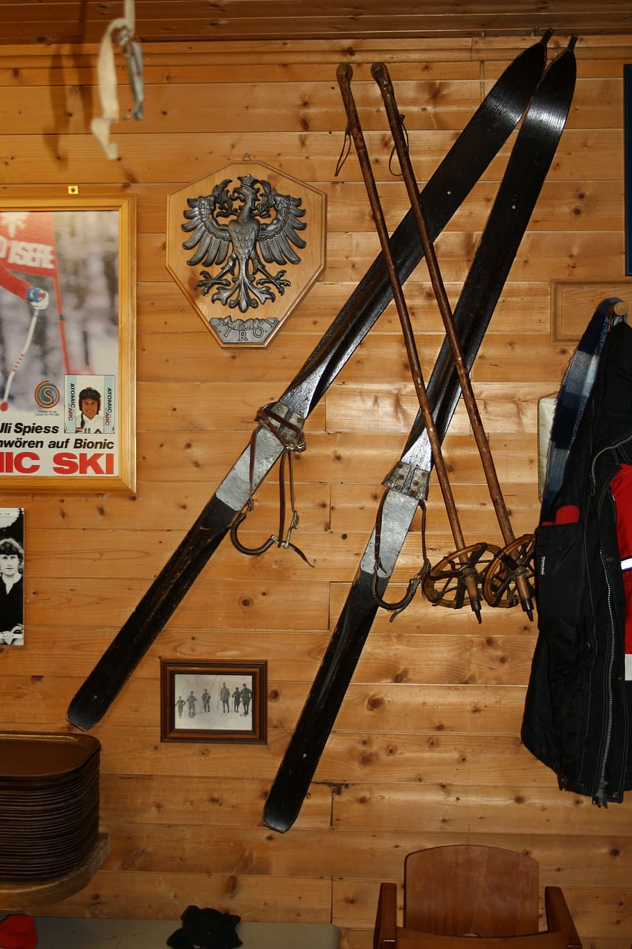skiing, antiquity, café, work tool, indoors, wood - material, tool, hand tool, workshop, variation