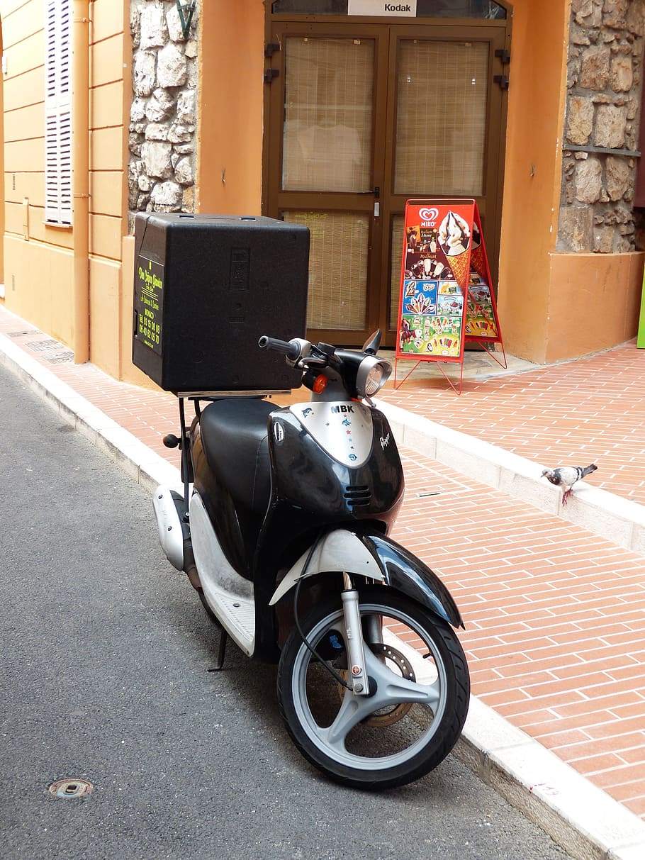 black, gray, motor scooter, parked, road, pizza service, pizza supplier, motorcycle, delivery, order