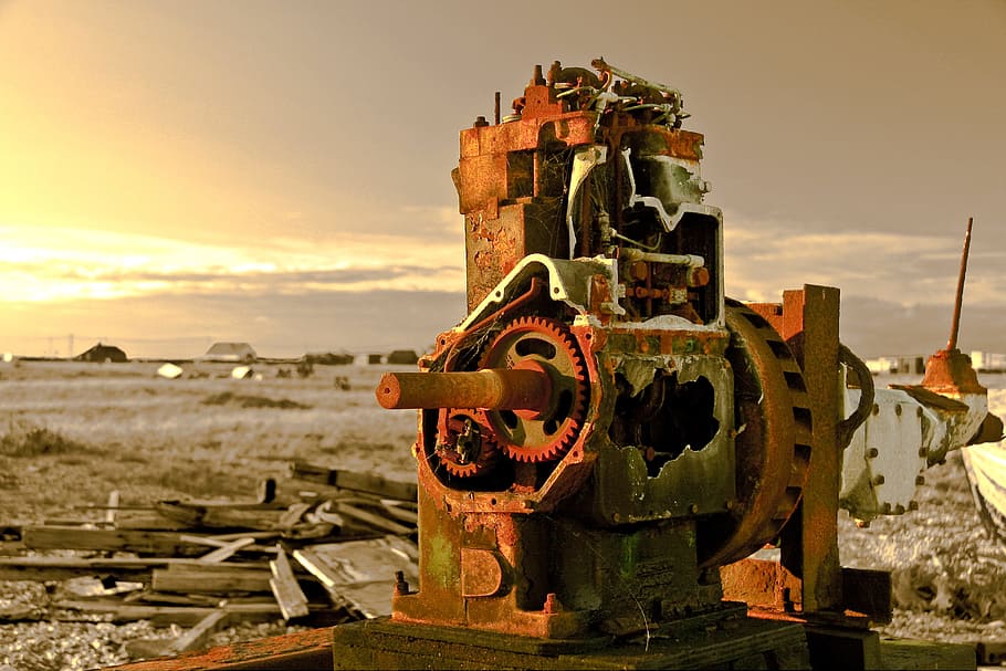 landscape shot, containing, old, abandoned, piece, machinery, captured, sunset, coast, Landscape