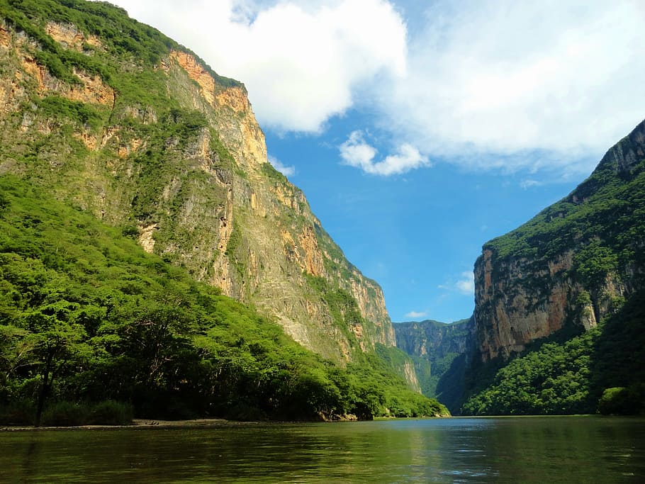 verde, marrón, montaña, lago, nublado, azul, cielo, Chiapas, paisaje, naturaleza