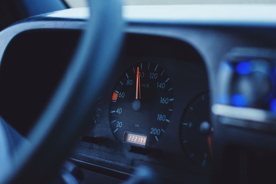 closeup, vehicle analog speedometer, almost, 100, car, tachometer, steering wheel, speedo, speedometer, vehicle interior