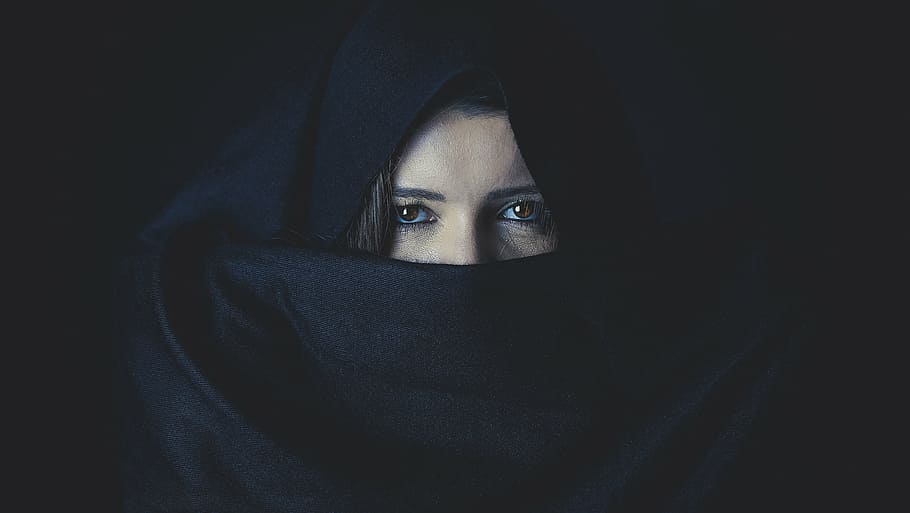 black hijab headdress, people, girl, woman, face, black, clothing, human eye, one person, looking at camera