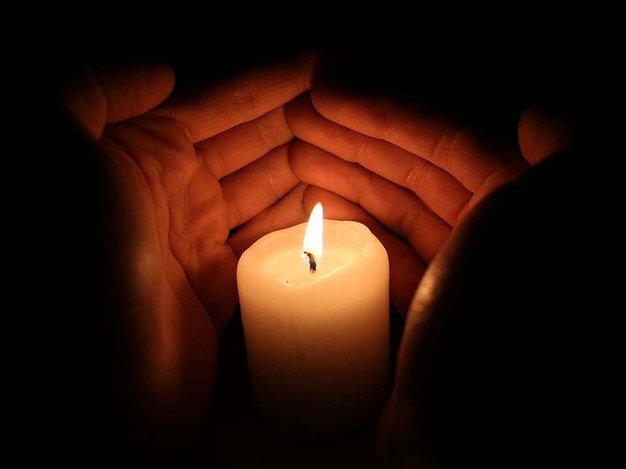 macro photography, white, pillar candle, light, candle, hands, flame, fire, night, burning