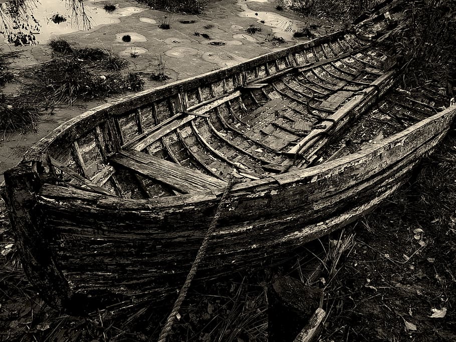 porto, brown boat, abandoned, nature, high angle view, day, obsolete, damaged, wood - material, land
