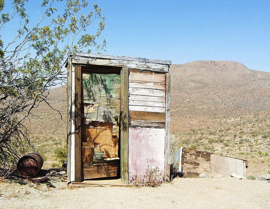 brown, wooden, shed, blue, sky, blue sky, mojave desert, outhouse, dilapidated, disrepair