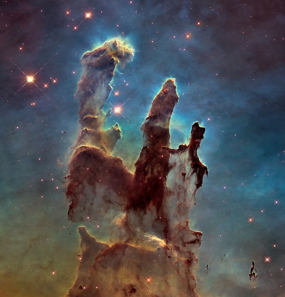 pillars of creation, space, cosmos, gas, stars, dust, ultraviolet light, nasa, hubble, telescope