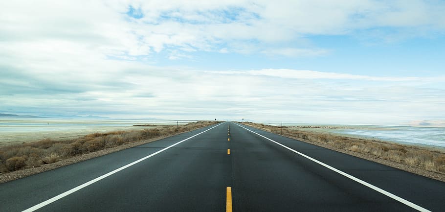 gray, asphalt road, sunny, sky, empty, concrete, road, white, clouds, horizon