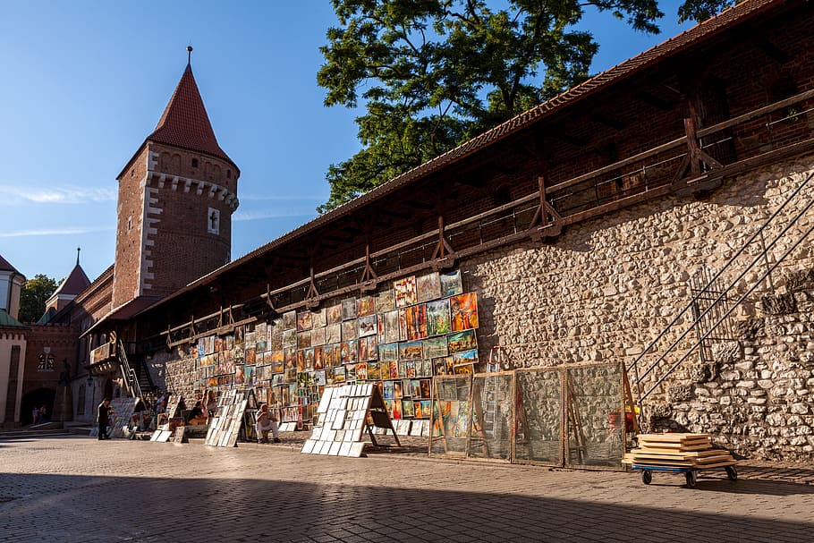 Cracovia, pared, históricamente, meta, Polonia, casco antiguo, fortaleza, imágenes, arte, colorido