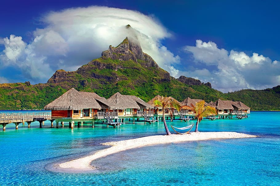 panorámica, fotografía, resort, montaña, bora bora, tahití, polinesia, paraíso, isla, viaje