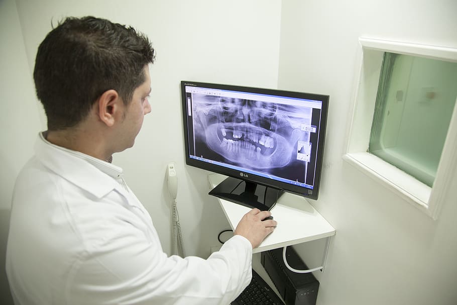 persona, mirando, monitor, usando, ratón, radiografía, mandíbula, odontología, radiografía de la mandíbula, medicina
