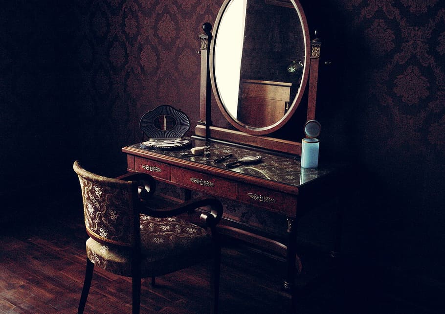 brown, wooden, vanity table, mirror, chair, vanity, table, old room, interior, vintage