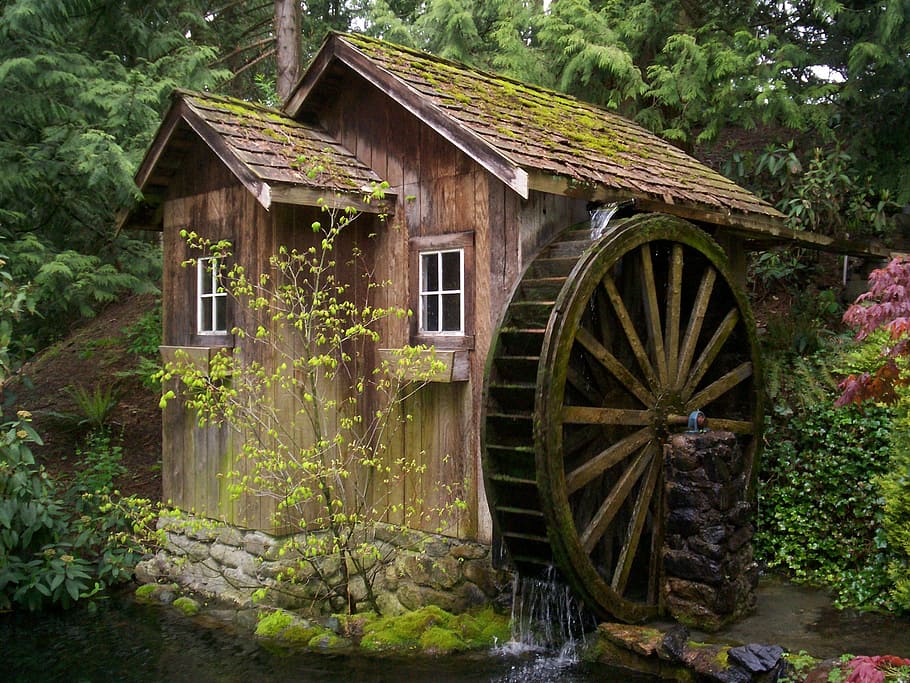 brown, house, water mill, mill, waterwheel, watermill, old, antique, historic, water