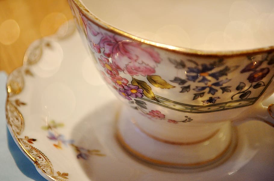 white, multicolored, floral, ceramic, saucer, cup, flowers, pattern, coffee, tea