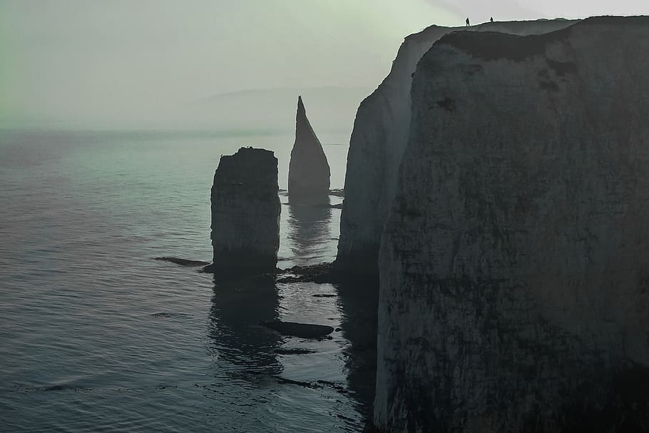 black rock formation, the fog, old harry rocks, sea, water, sky, beauty in nature, scenics - nature, tranquil scene, tranquility