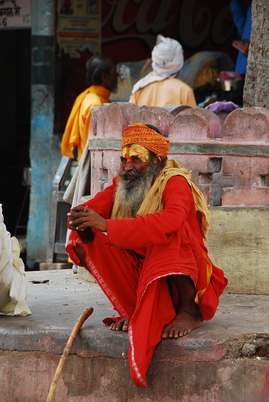 Hombre, India, los lugareños, naranja, ropa, ropa naranja, pintura facial, viajes, tradiciones, tradición