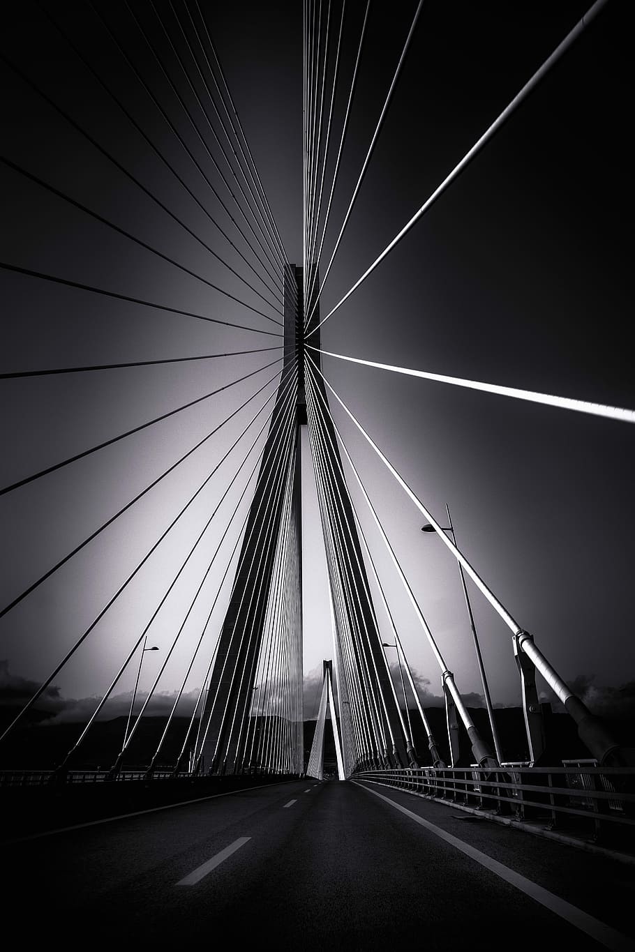 grayscale photography, bridge, rio–antirrio bridge, cable-stayed bridge, architecture, greece, black and white, transportation, connection, bridge - man made structure