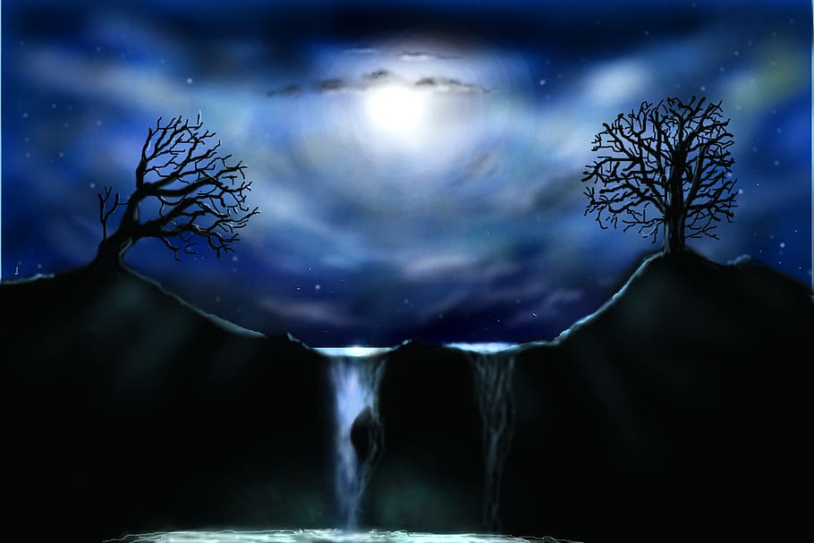 graphic, airbrush, full moon night, sky, light, waterfall, night, clouds, trees, water