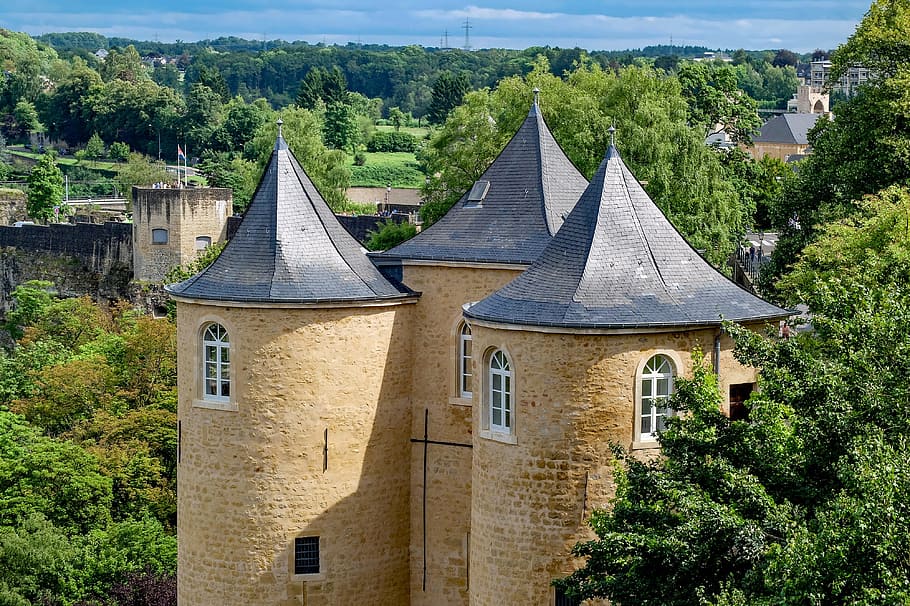 architectural, medieval, tower, castle, historical, luxembourg, europe, tree, plant, architecture