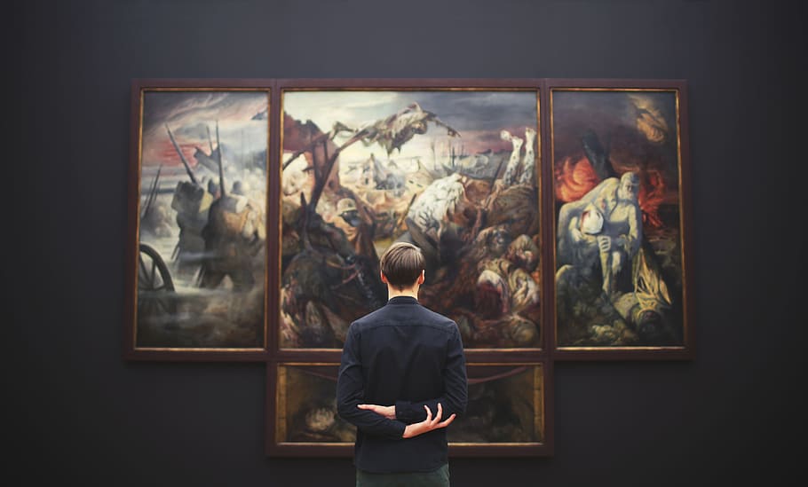 man, black, dress shirt, looking, paintings, people, art, museum, paint, frame