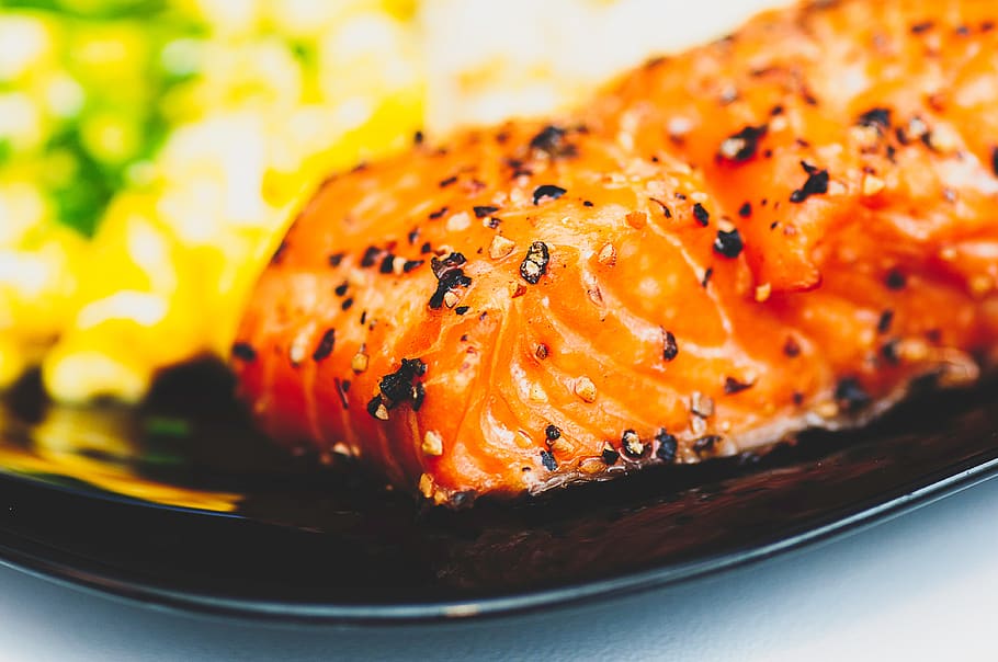 salmon, fish, food, dinner, plate, spices, pepper, food and drink, ready-to-eat, close-up