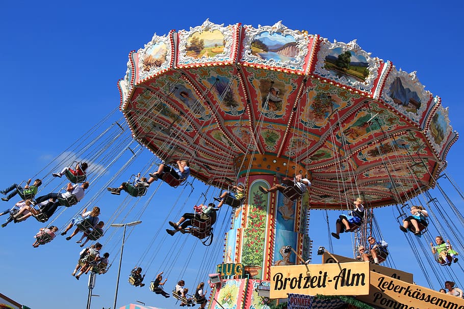 Oktoberfest, Chain, Carousel, Blue Sky, chain carousel, ferris Wheel, amusement Park Ride, amusement Park, traveling Carnival, fun
