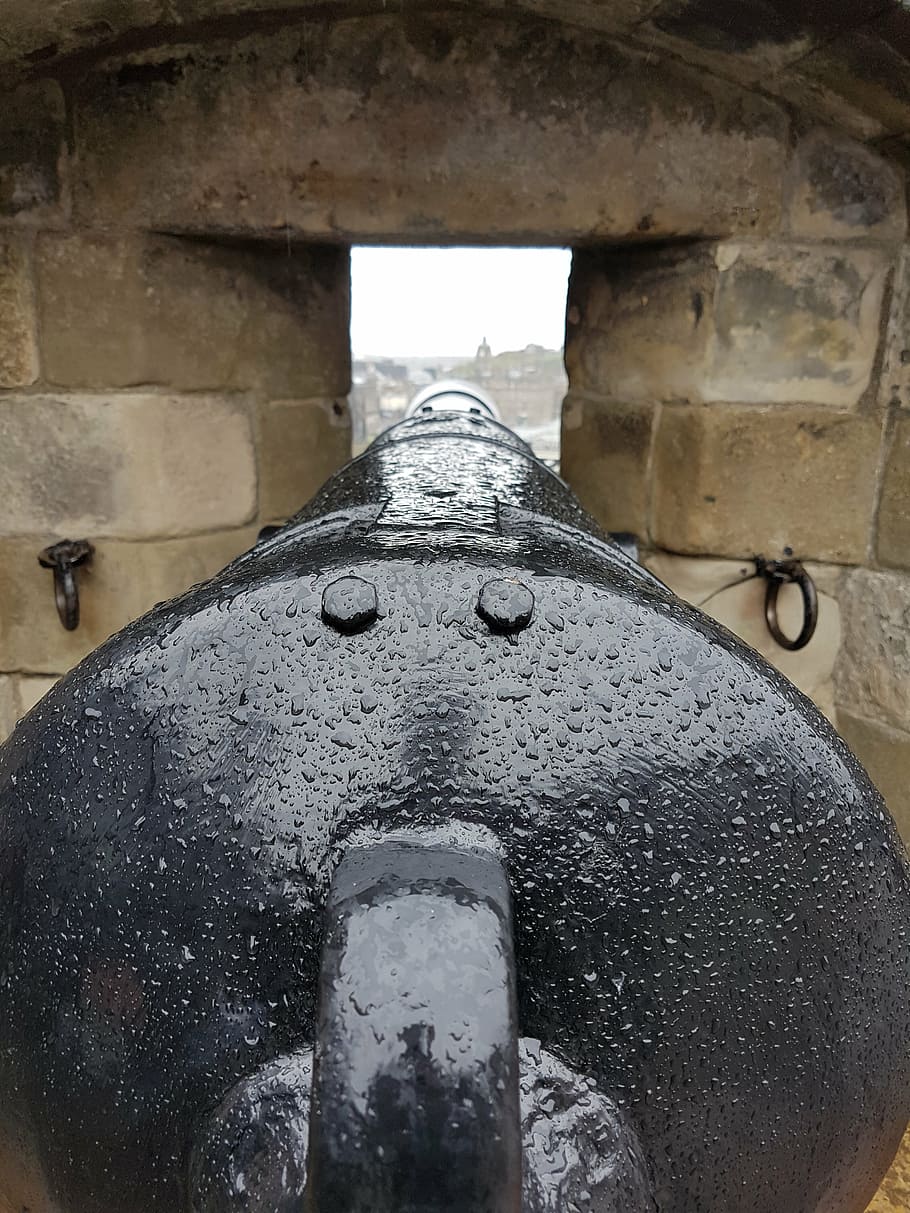 cannon, castle, view, rain, architecture, built structure, close-up, metal, day, water