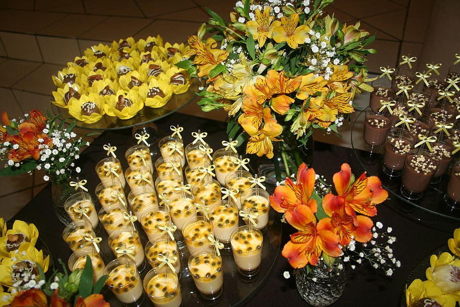 Prom, Sweet, Table, Yellow, Dessert, sweet table, flower, freshness, indoors, food