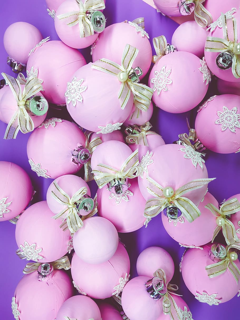 flat lay, christmas spheres, pink, white and purple background, xmas and new year holiday, pink color, large group of objects, full frame, backgrounds, abundance